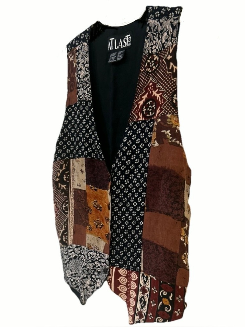 Vintage At Last & Co Patchwork Boho Vest Black Rust Button Front M - Picture 2 of 7